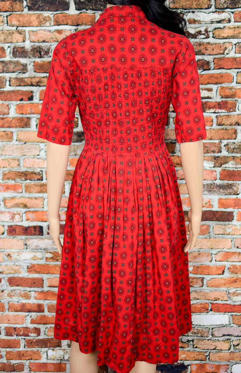 Vintage 70's Red Geometric Print JONATHAN LOGAN Button Up Prairie Dress w/ 3/4 Sleeves