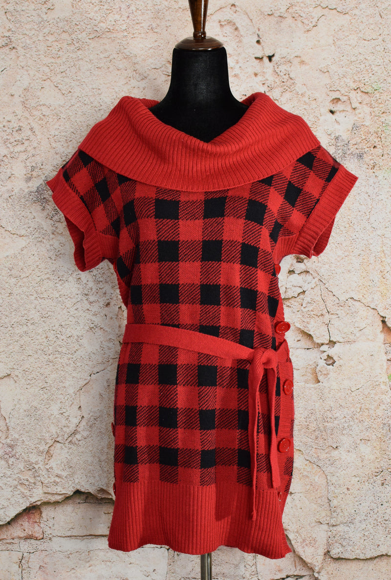 Black/Red Plaid ADMIT ONE Cowl Neck Knit Sweater Dress - L