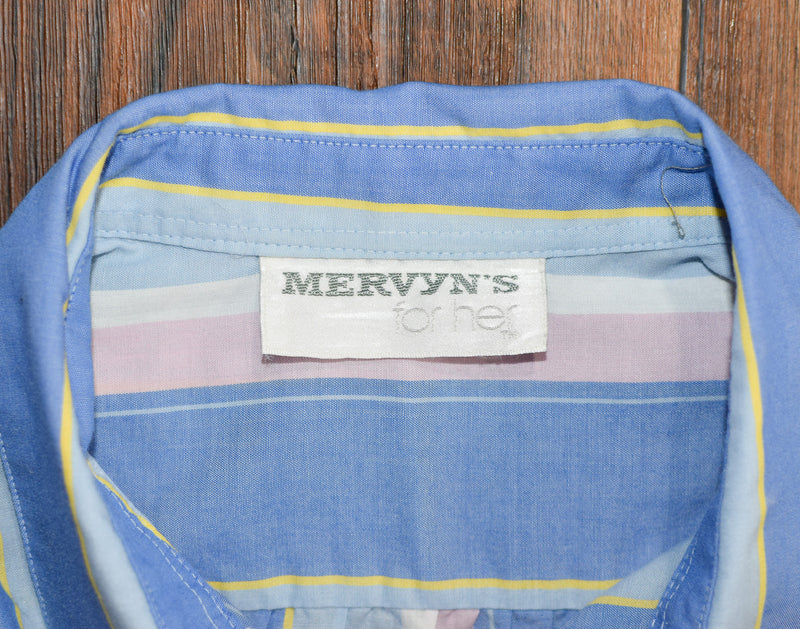 レディース ヴィンテージ Mervyn's for Her ブルー ストライプ ロングスリーブ ボタンアップ シャツ