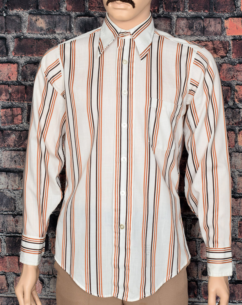 Men's Vintage House of Yorke Shirtmakers Brown & Orange Striped Long Sleeve Button Up