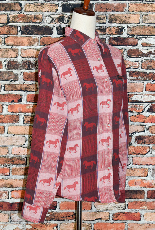 Red & Brown Plaid COWGIRL HARDWARE Flannel Button Up Shirt w/ Horse Detailing