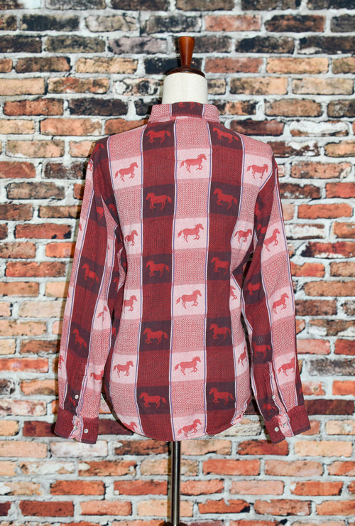 Red & Brown Plaid COWGIRL HARDWARE Flannel Button Up Shirt w/ Horse Detailing