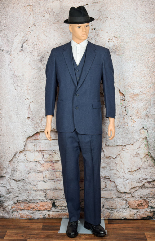 Men's Vintage 70s/80s Magic-Stretch by Haggar Dark Blue Brown Pinstriped 3pc. Suit - 44
