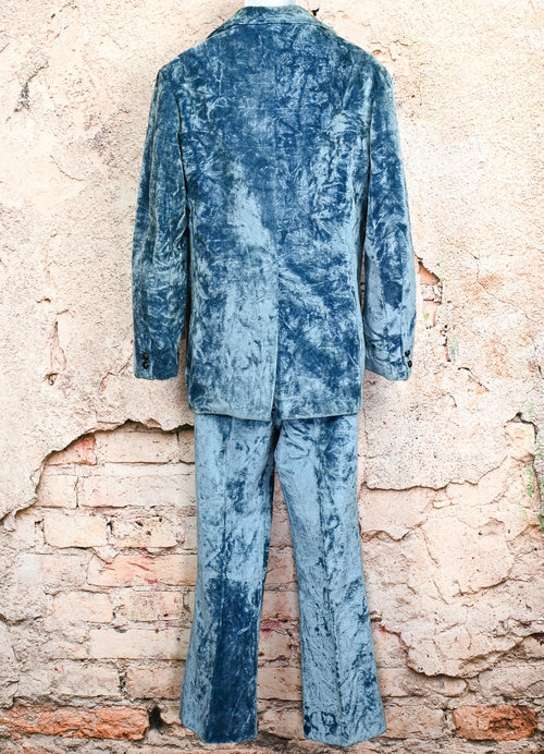 RARE Vintage 70s Blue Crushed Velvet 2pc. Suit