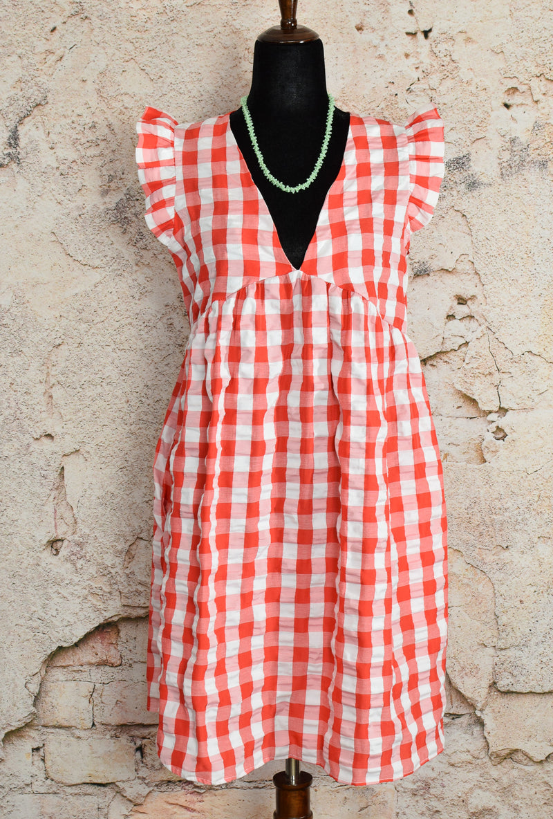 Red Gingham UNIQUE VINTAGE by 2 HEARTS Ruffle Sleeve Pullover Summer Dress - M