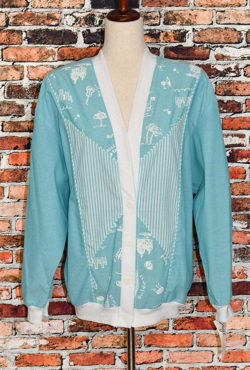 DEADSTOCK - Vintage 80s Turquoise G.W. Division of Graff Padded Shoulder Cardigan Sweater - XL