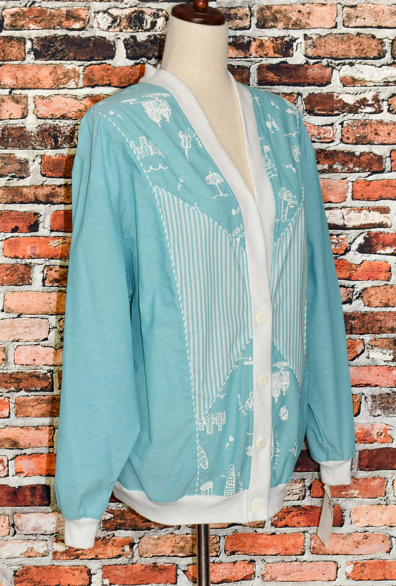 DEADSTOCK - Vintage 80s Turquoise G.W. Division of Graff Padded Shoulder Cardigan Sweater - XL