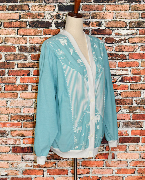 DEADSTOCK - Vintage 80s Turquoise G.W. Division of Graff Padded Shoulder Cardigan Sweater - XL