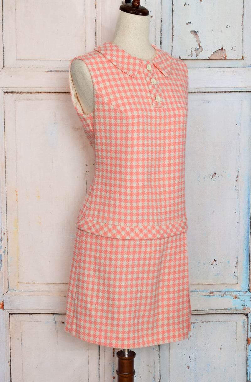 Vintage 60s Pink & White BYER CALIFORNIA Gingham Wool Drop Waist Romper