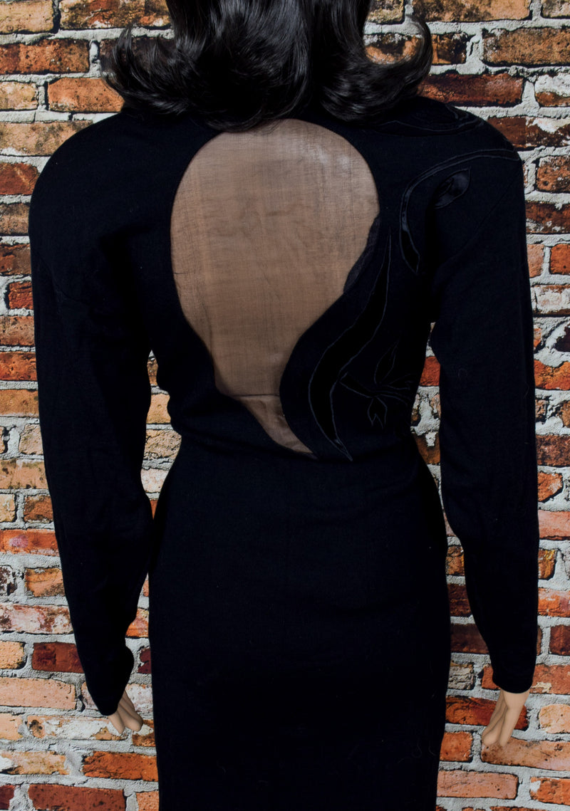 Women's Vintage 80s Andrea Jovine Black Wool Padded Shoulder Long Sleeve Dress - L