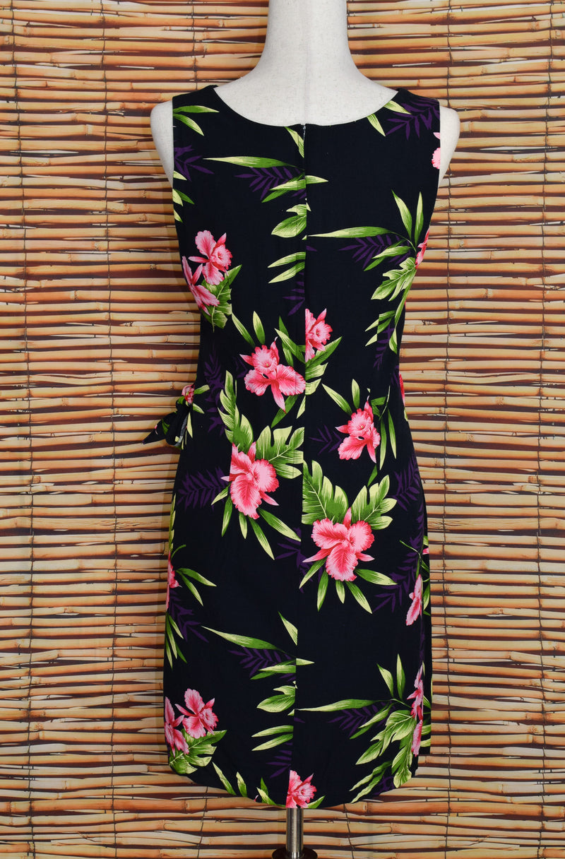 Vintage Black & Pink Floral TWO PALMS Sleeveless Hawaiian Wrap Dress - L