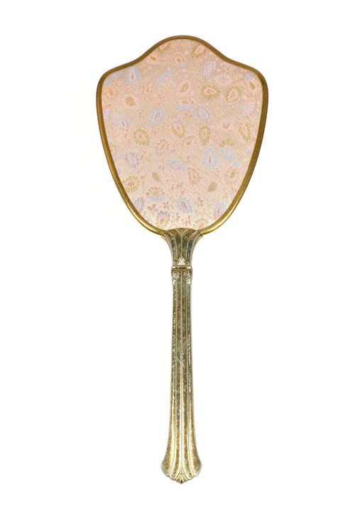 Vintage Heavy Gold & Pink Vanity Hand Mirror, Brush, and Comb Set