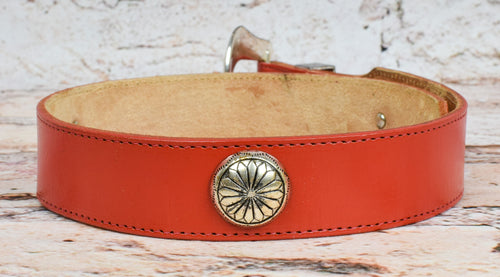 Women's Vintage Red Leather Western Belt w/ Metal Flower Accents - 28