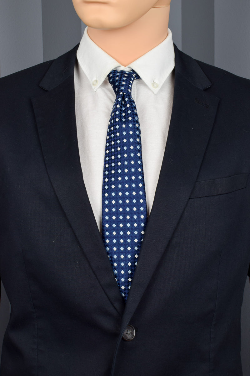 Blue & White Diamond Polyester Textured Necktie