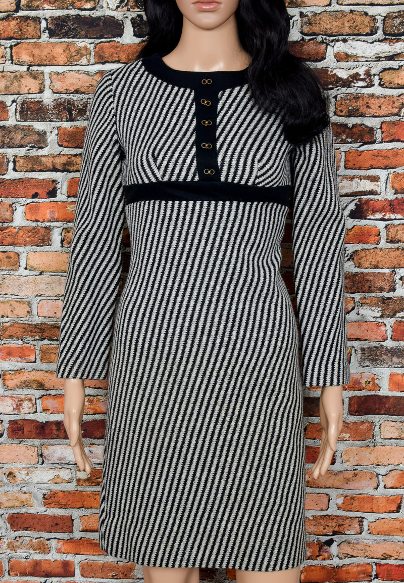 Vintage 60's Black & Grey Striped JAKS Empire Waist Long Sleeve Wool Dress