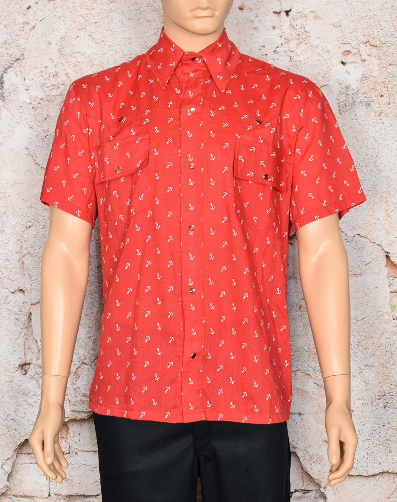Vintage Red/White Anchor Print UNBRANDED Short Sleeve Snap Button Rockabilly Western Shirt