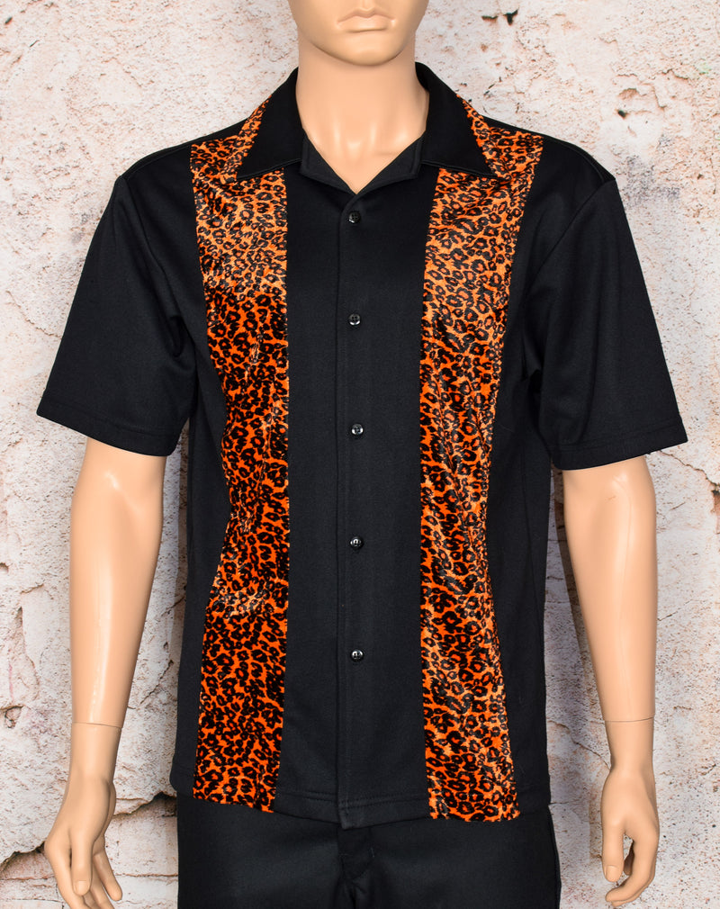 Men's Vintage Cocktail Hour Orange/Black Velour Cheetah Print Rockabilly Bowling Shirt - M