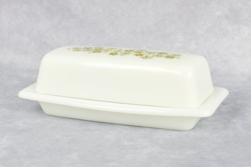 Vintage Pyrex Green Daisy White Ceramic Butter Dish