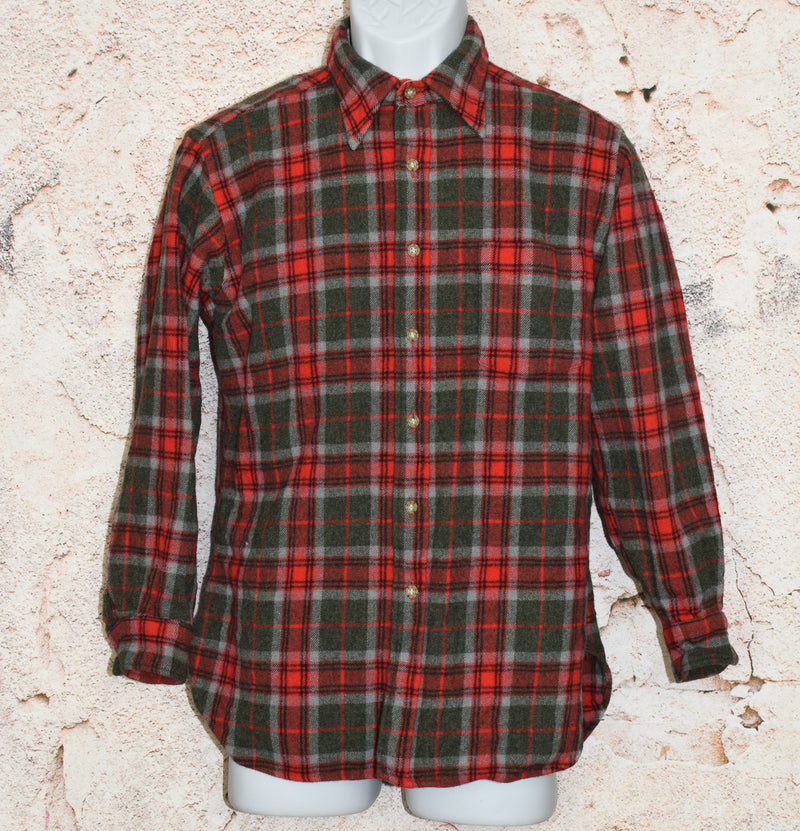 Vintage 60s/70s Red Plaid PENDLETON Virgin Wool Flannel Long Sleeve Shirt - L