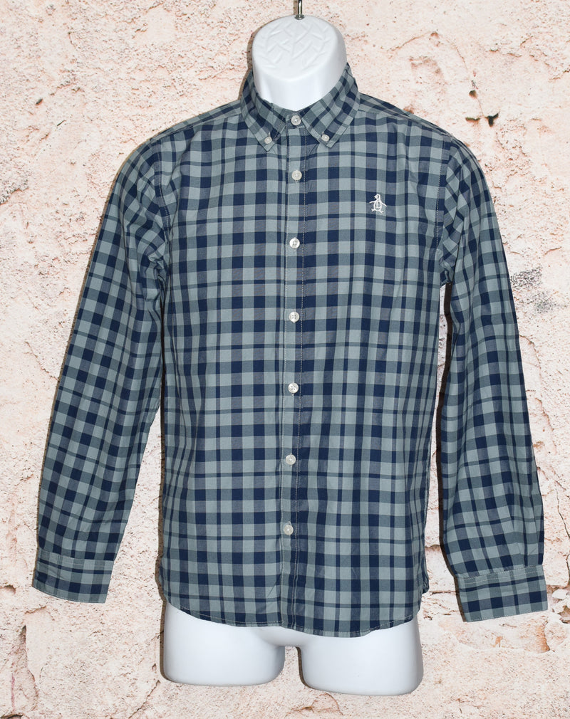 Grey & Blue Checkered ORIGINAL PENGUIN Long Sleeve Button Down Shirt - L (14-16)