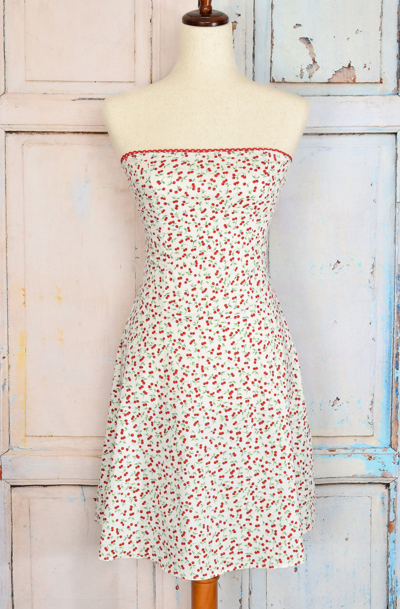 White Cherry Print VANITY Strapless Summer Dress - M