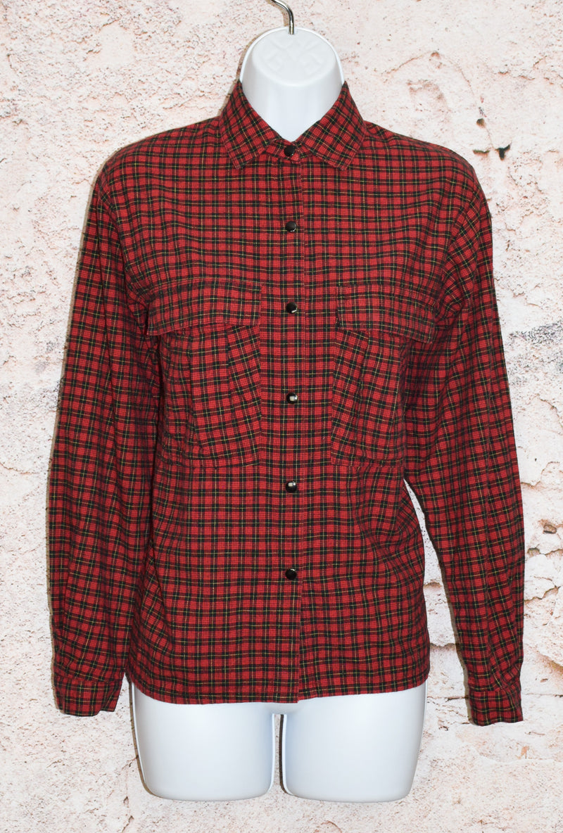 Vintage 90s Red & Black Plaid CAROLE LITTLE Snap Button Long Sleeve Shirt - 8