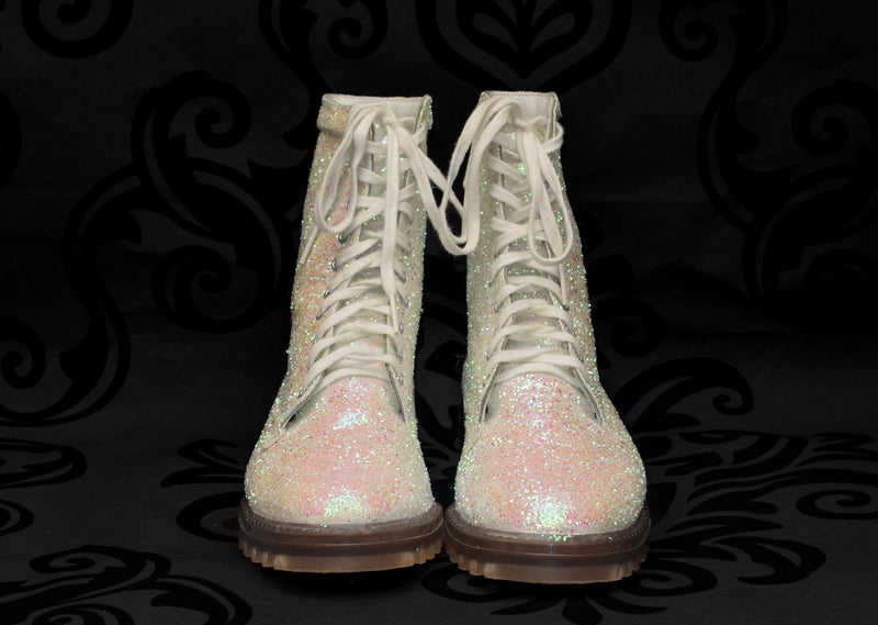 RARE IN BOX Vintage 90s LA DURANCE BY PANIAN'S White Sequin Combat Boots - 4 M