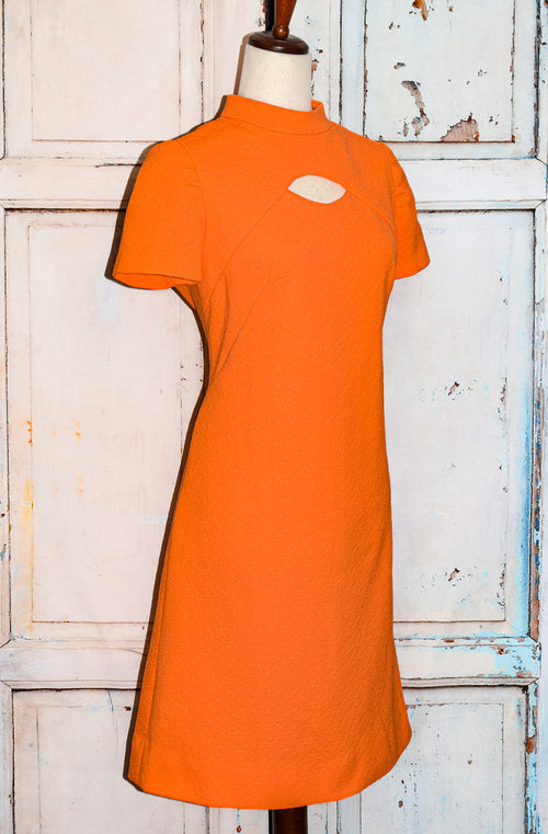 Vintage 60s Mod Bright Orange Textured Peephole Polyester Dress