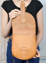 Vintage Light Brown Hand Tooled Leather Shoulder Bag w/ Embossed Floral Accents