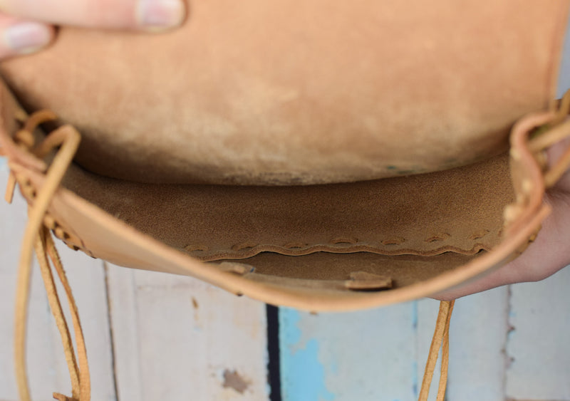 Vintage Light Brown Hand Tooled Leather Shoulder Bag w/ Embossed Floral Accents