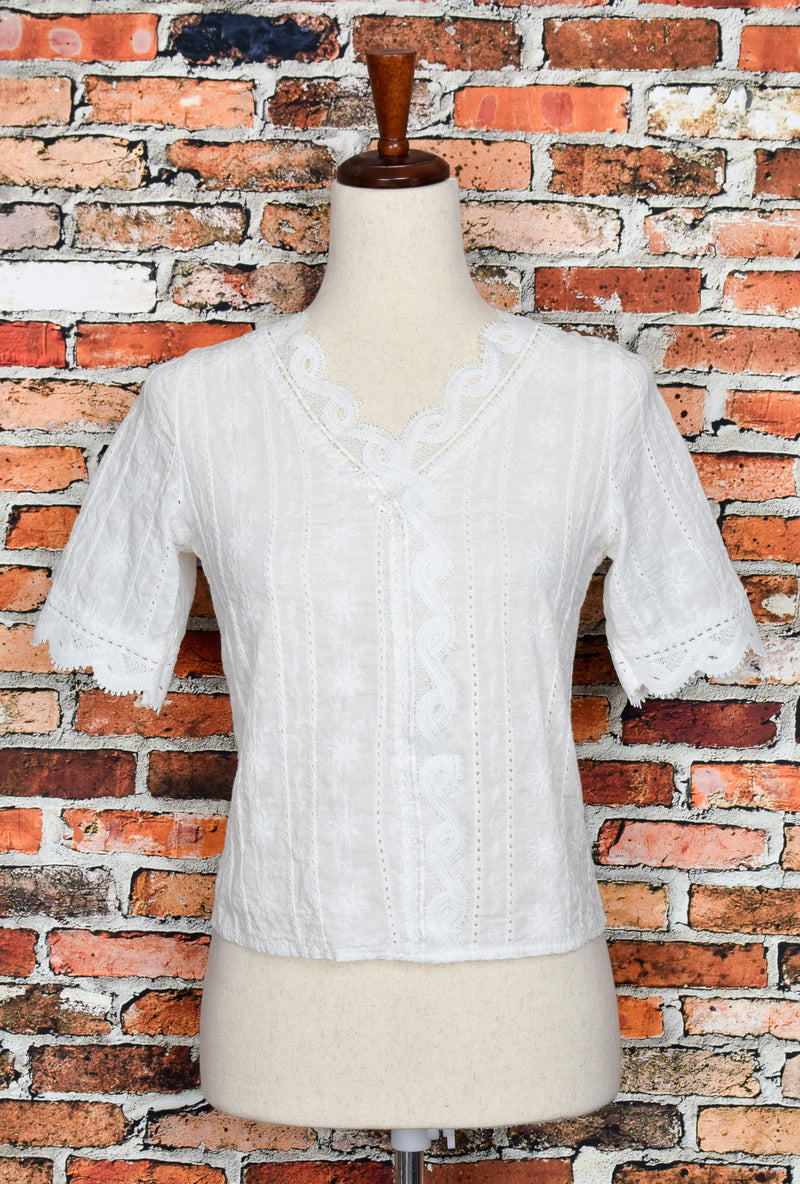 White Embroidered Lace Short Sleeve Cotton Top