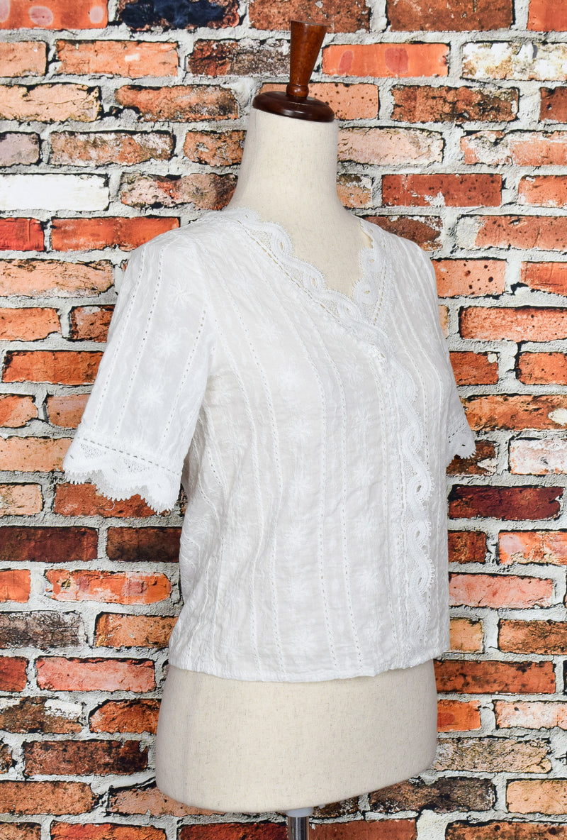 White Embroidered Lace Short Sleeve Cotton Top