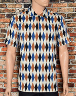 Men's Vintage Levi Strauss Sportswear of California Brown & Blue Harlequin Print Short Sleeve Shirt - L