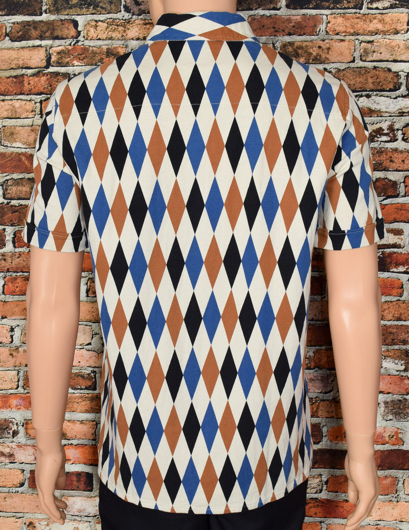 Men's Vintage Levi Strauss Sportswear of California Brown & Blue Harlequin Print Short Sleeve Shirt - L