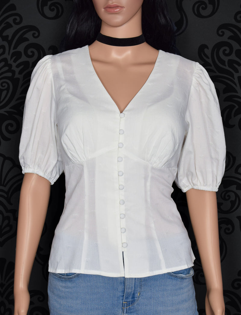 NEW W/ TAGS Unique Vintage White Heart Puff Sleeve Blouse