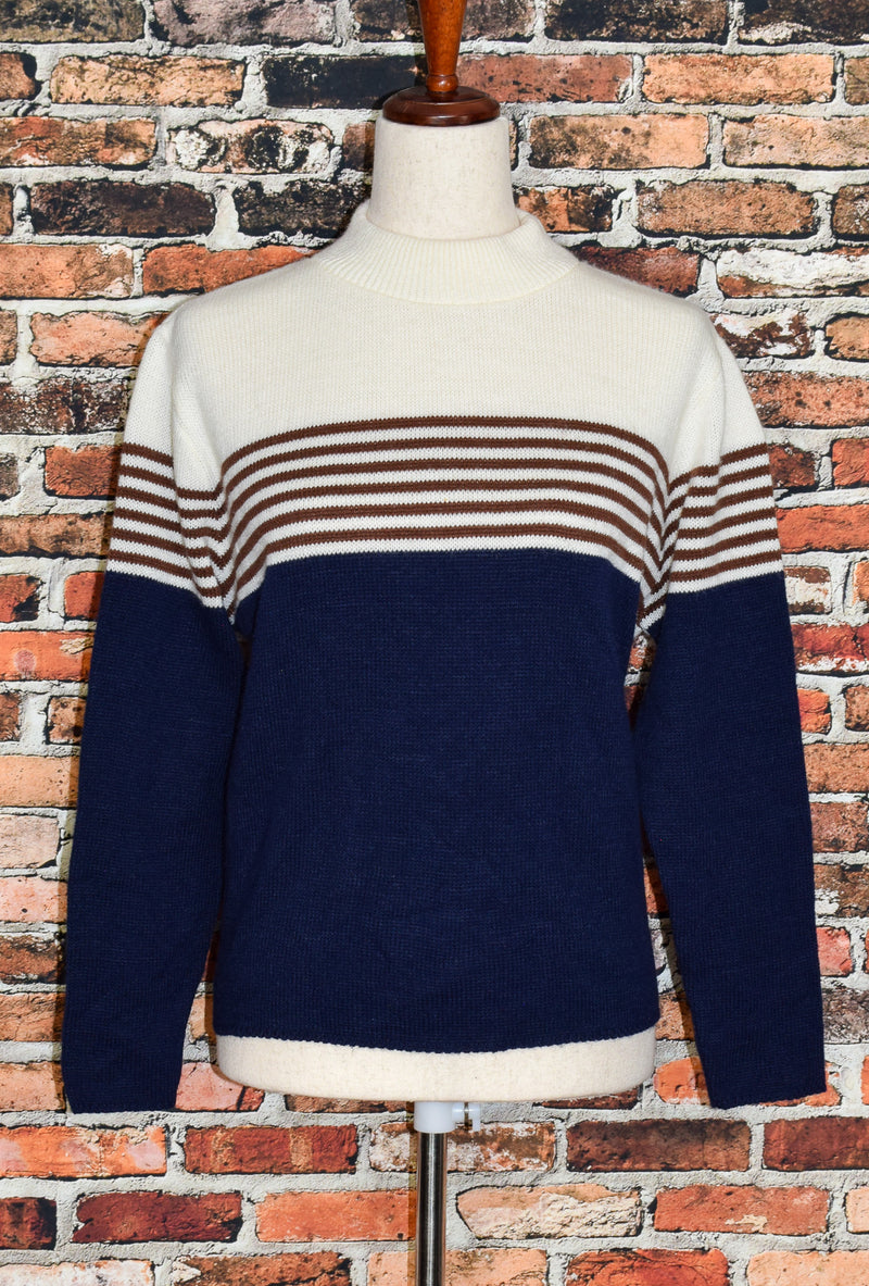 Vintage 90s Blue/White & Brown Striped WILLOW RIDGE Acrylic Pullover Sweater - Petite Large