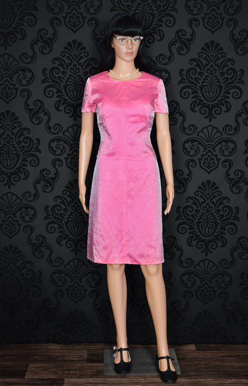 Vintage 50s Pink Satin w/ Sheer Overlay Sheath Short Sleeve Cocktail Dress