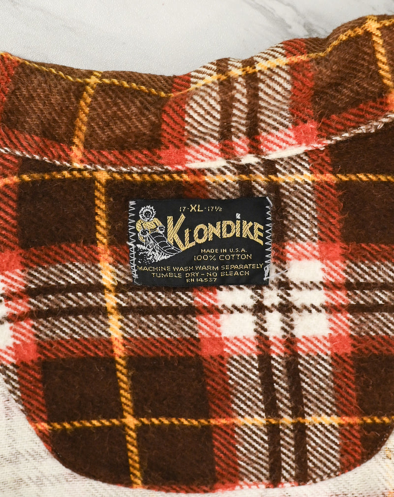 Vintage 60s/70s Brown & Red Plaid KLONDIKE Flannel Long Sleeve Shirt - XL