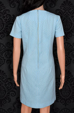 Vintage 60s Light Blue Polka-dot Short Sleeve Polyester Shift Dress