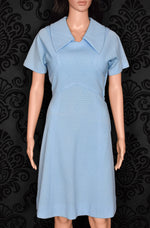 Vintage 60s/70s Light Blue Geometric Textured Polyester Big Collared Short Sleeve Dress