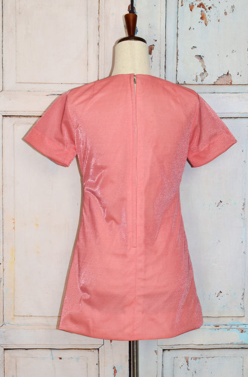 Vintage 60s Pink Short Sleeve Micro Mini Dress w/ Beaded Detailing