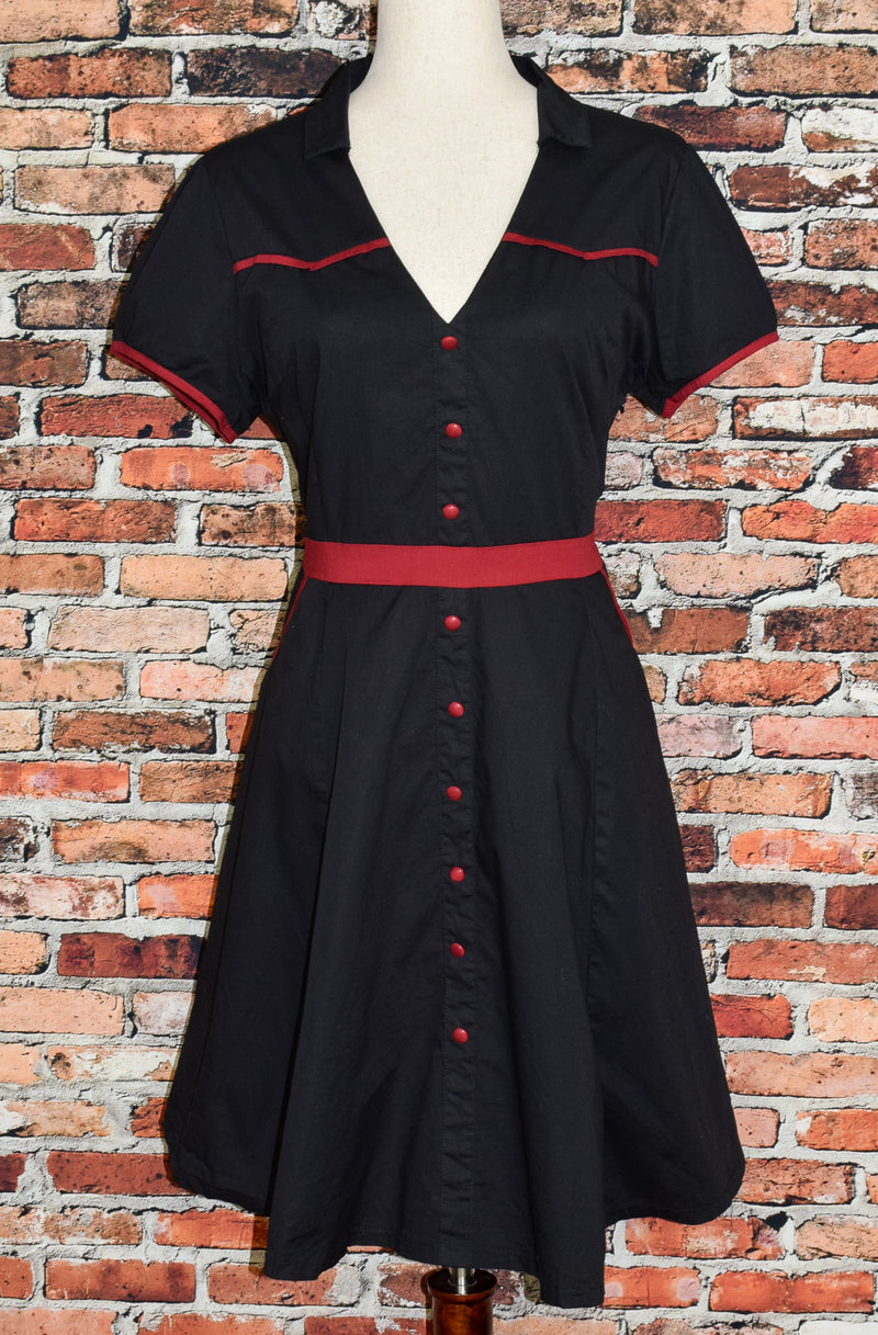 RARE Black & Red SOURPUSS Johnny Cash "Love is a Burning Thing" Rockabilly Diner Dress - XXL