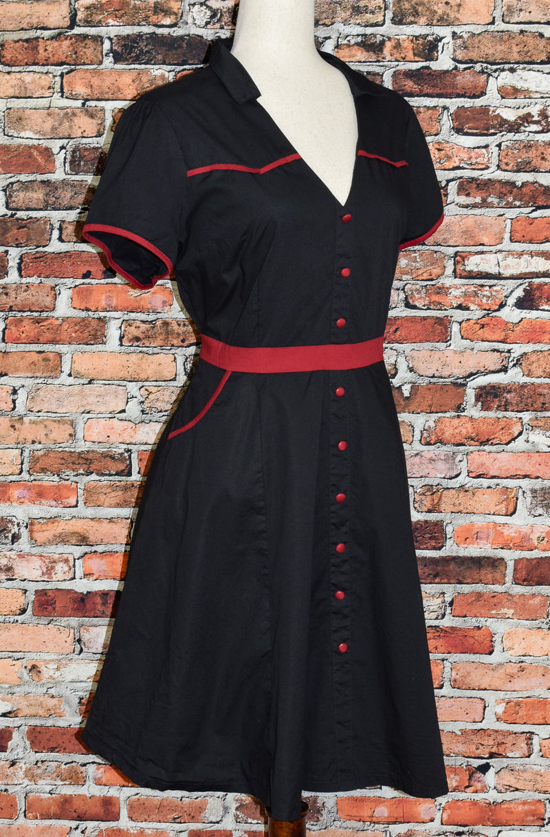 RARE Black & Red SOURPUSS Johnny Cash "Love is a Burning Thing" Rockabilly Diner Dress - XXL