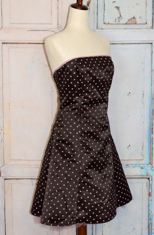 Vintage 2000s Brown & Pink Polka-dot JESSICA McCLINTOCK FOR GUNNE SAX Strapless Dress - 9/10