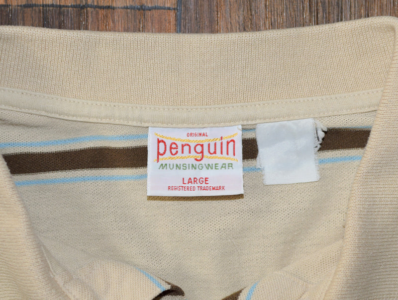 メンズ ヴィンテージ オリジナル ペンギン ブラウン ストライプ 半袖ポロ - ラージ