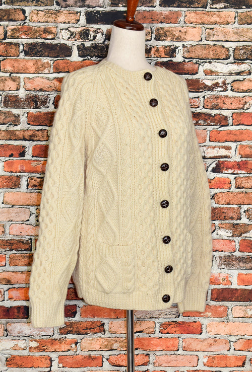 Vintage 80s Ivory RONNIE HANNIGAN KNITWEAR Heavy Wool Cable Knit Cardigan Sweater