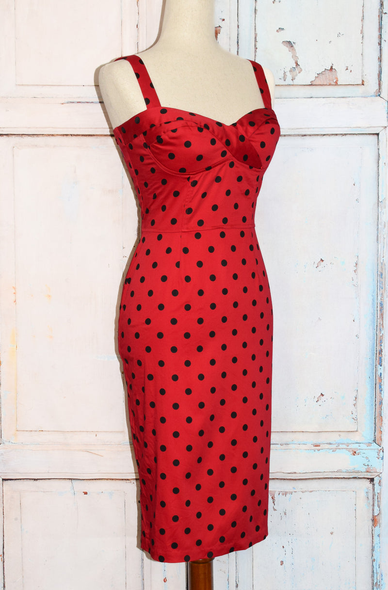 Red & Black Polka-dot DEADLY DAMES Sleeveless Wiggle Dress - S