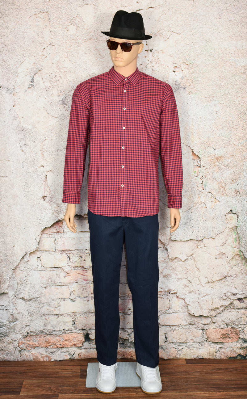 Men's Original Penguin Heritage Slim Fit Red & Blue Gingham Long Sleeve Button Up Shirt - 18 - 34/35