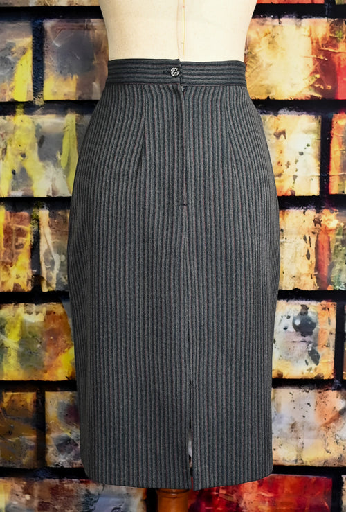 Vintage Grey Striped Polyester High Waisted Pencil Skirt - 6P