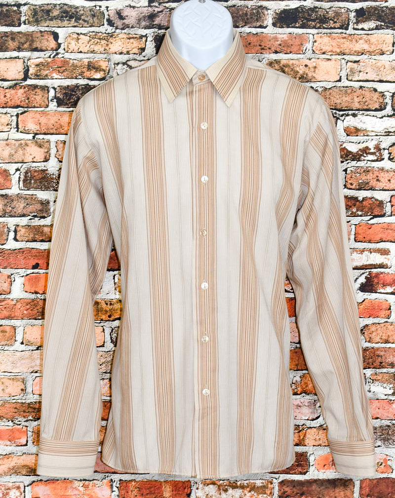 Men's Vintage Barry Disley De Luxe Brown Striped Long Sleeve Button Up Shirt - 15-1/2